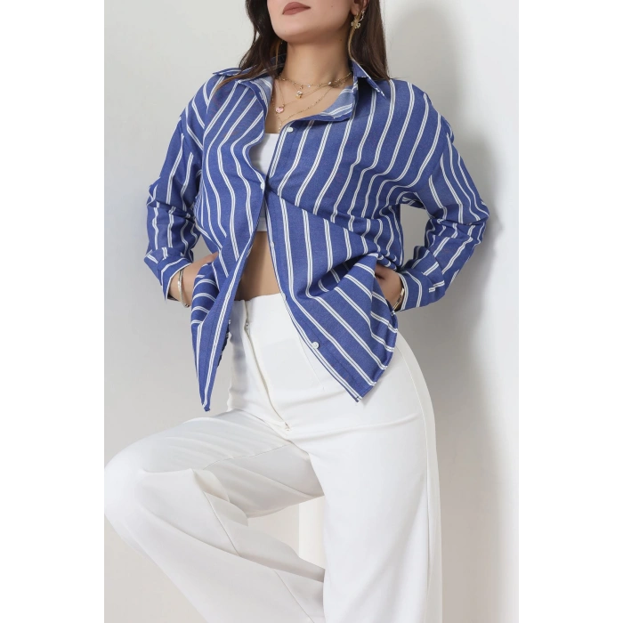 Pamuk Polyester Çizgili Oversize Gömlek Koyumavi1 - 51052.147.