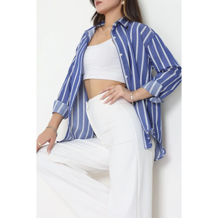 Pamuk Polyester Çizgili Oversize Gömlek Koyumavi1 - 51052.147.