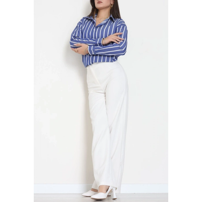 Pamuk Polyester Çizgili Oversize Gömlek Koyumavi1 - 51052.147.