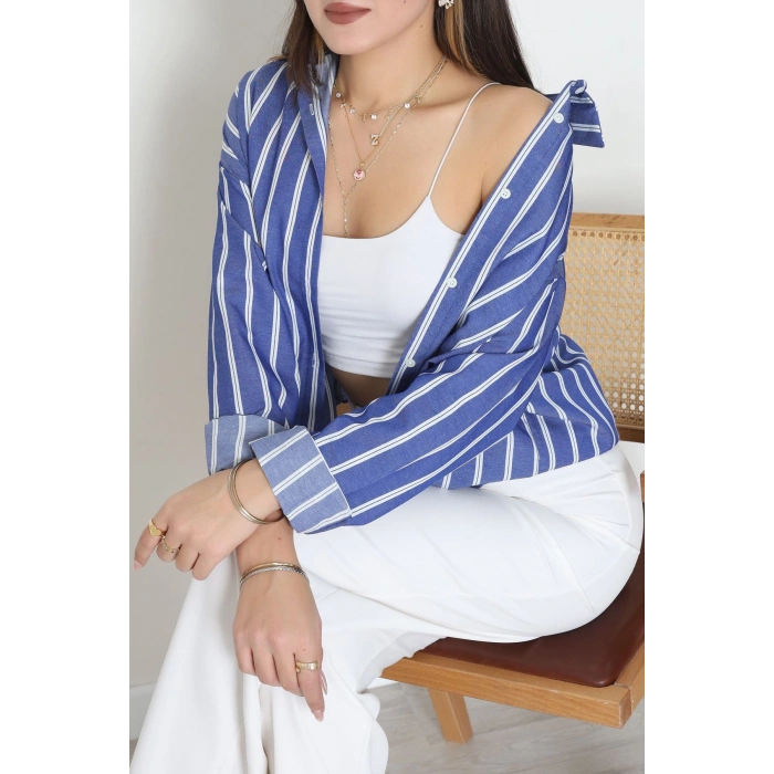 Pamuk Polyester Çizgili Oversize Gömlek Koyumavi1 - 51052.147.