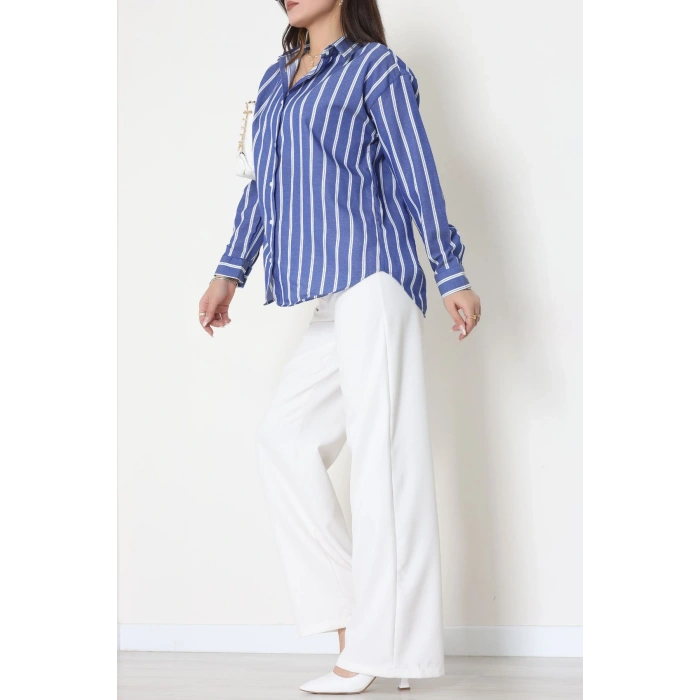 Pamuk Polyester Çizgili Oversize Gömlek Koyumavi1 - 51052.147.