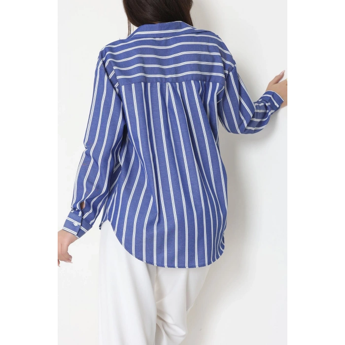 Pamuk Polyester Çizgili Oversize Gömlek Koyumavi1 - 51052.147.