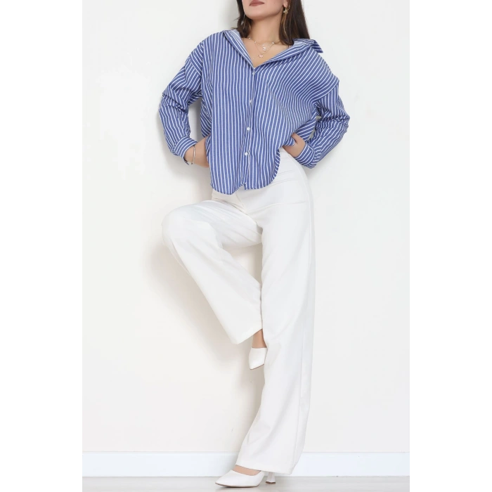 Pamuk Polyester Çizgili Oversize Gömlek Koyumavibeyaz - 51052.147.