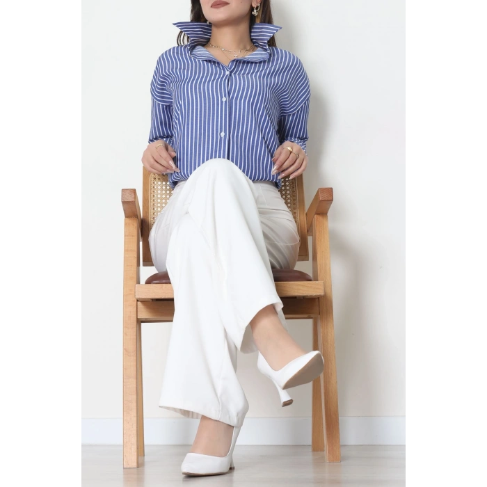 Pamuk Polyester Çizgili Oversize Gömlek Koyumavibeyaz - 51052.147.