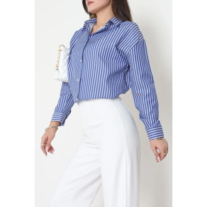 Pamuk Polyester Çizgili Oversize Gömlek Koyumavibeyaz - 51052.147.