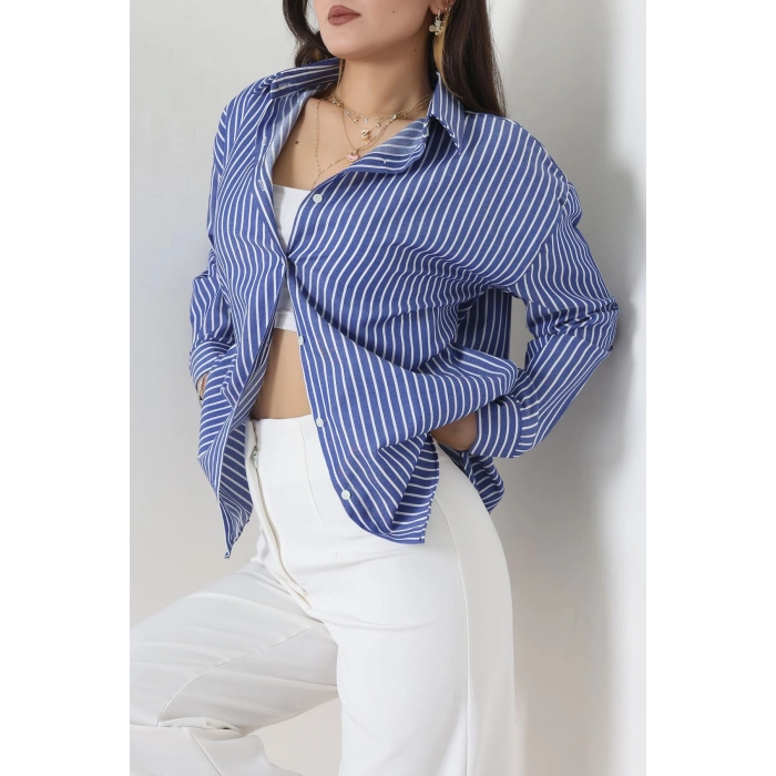 Pamuk Polyester Çizgili Oversize Gömlek Koyumavibeyaz - 51052.147.