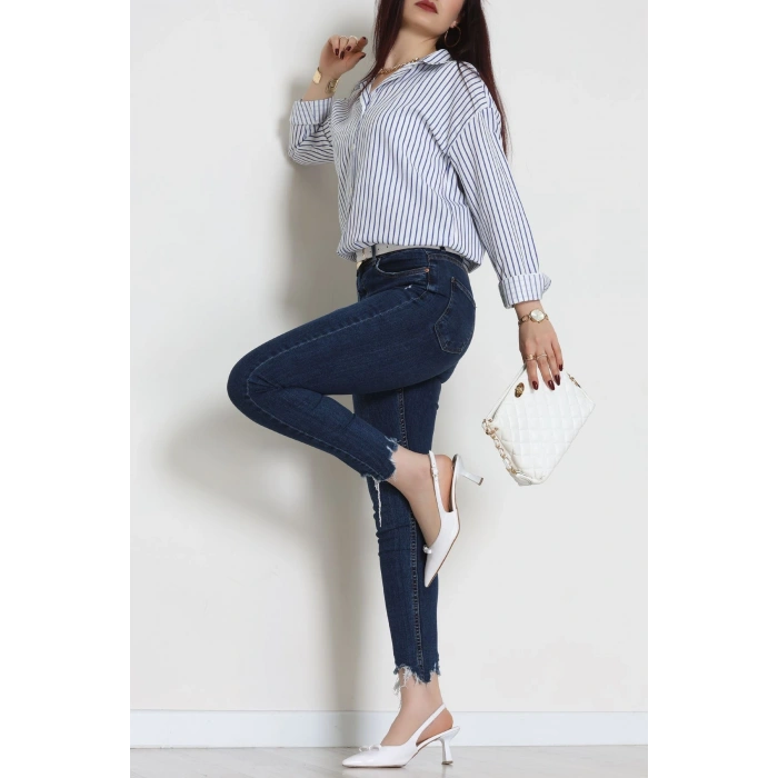 Pamuk Polyester Çizgili Oversize Gömlek Laciçizgili - 51052.147.