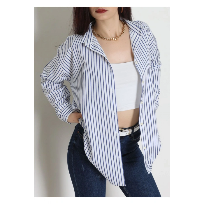 Pamuk Polyester Çizgili Oversize Gömlek Laciçizgili - 51052.147.