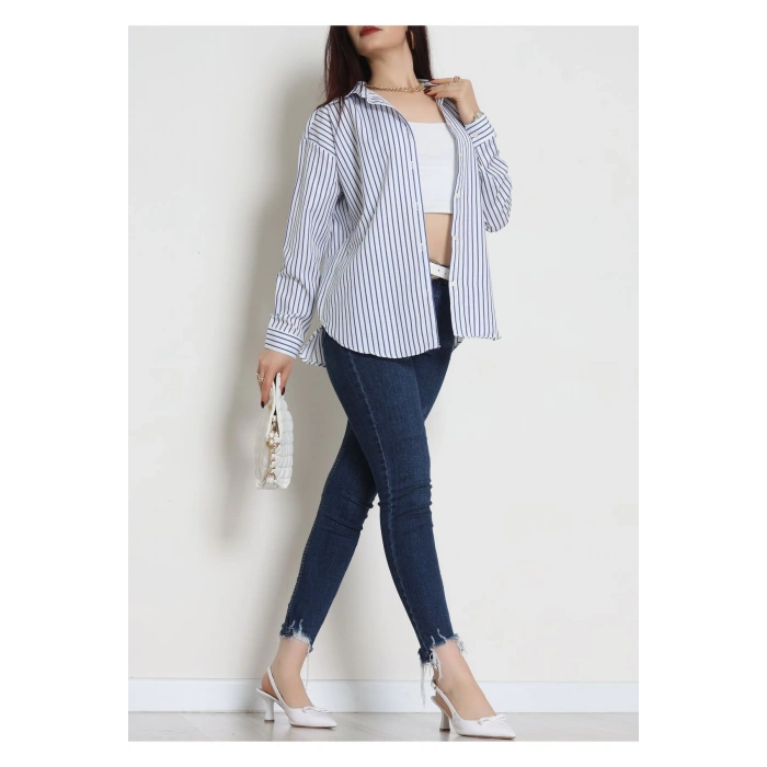Pamuk Polyester Çizgili Oversize Gömlek Laciçizgili - 51052.147.