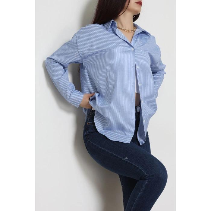 Pamuk Polyester Çizgili Oversize Gömlek Mavibeyaz - 51052.147.
