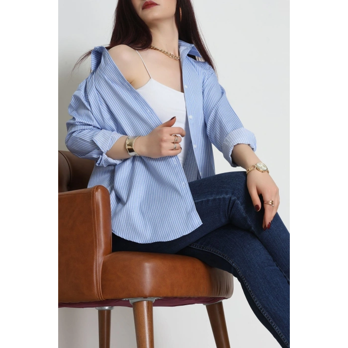 Pamuk Polyester Çizgili Oversize Gömlek Mavibeyaz - 51052.147.