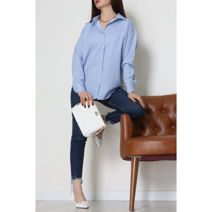 Pamuk Polyester Çizgili Oversize Gömlek Mavibeyaz - 51052.147.