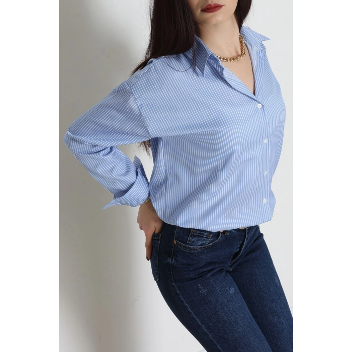Pamuk Polyester Çizgili Oversize Gömlek Mavibeyaz - 51052.147.