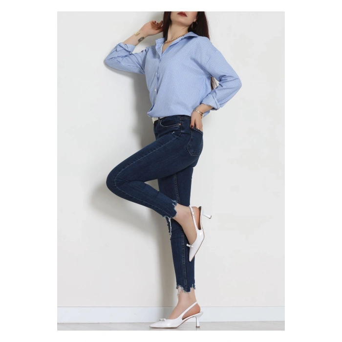 Pamuk Polyester Çizgili Oversize Gömlek Mavibeyaz - 51052.147.