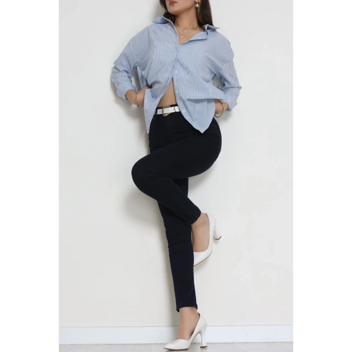 Pamuk Polyester Çizgili Oversize Gömlek Mavibeyaz1 - 51052.147.