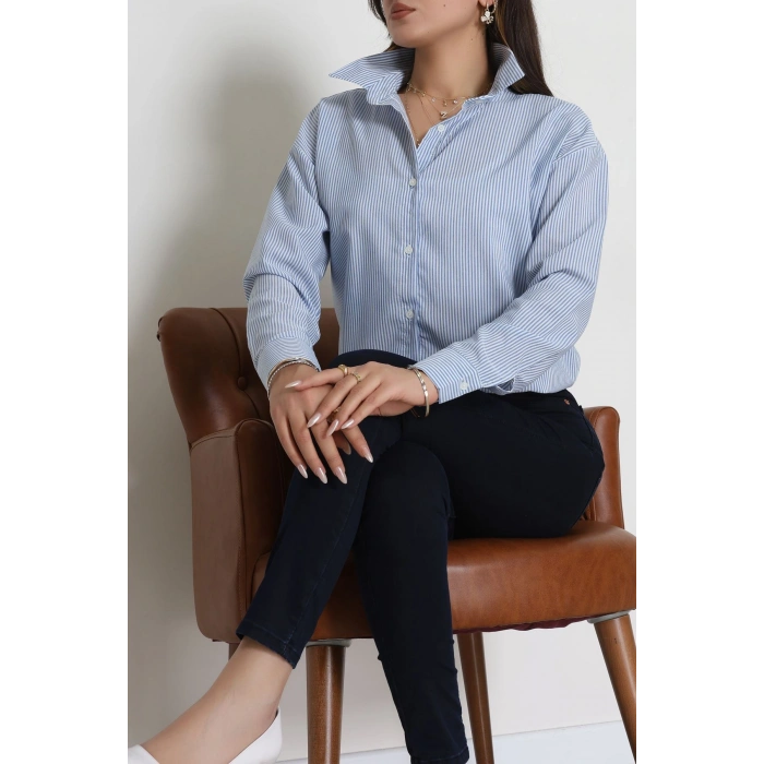 Pamuk Polyester Çizgili Oversize Gömlek Mavibeyaz1 - 51052.147.