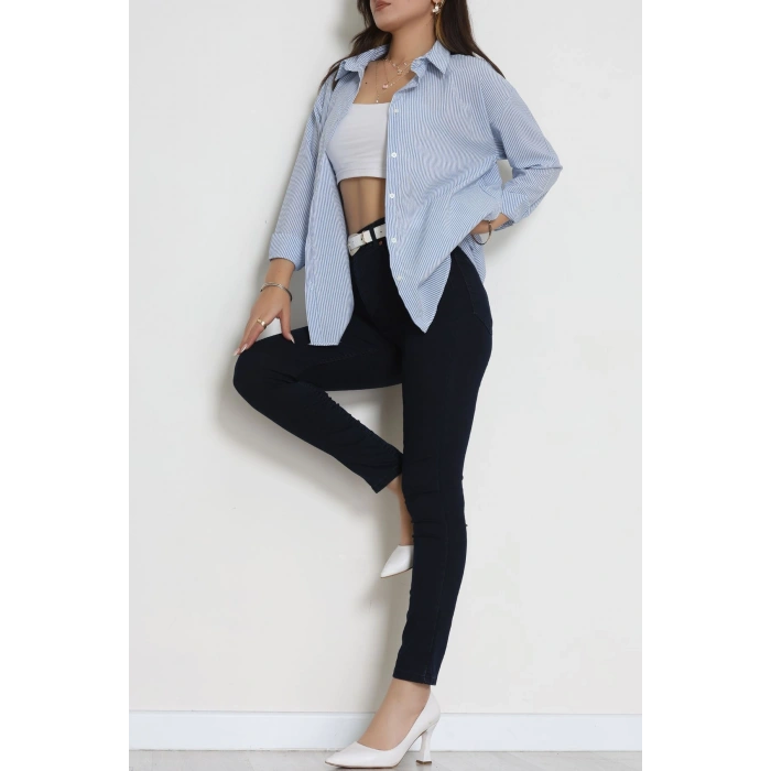 Pamuk Polyester Çizgili Oversize Gömlek Mavibeyaz1 - 51052.147.