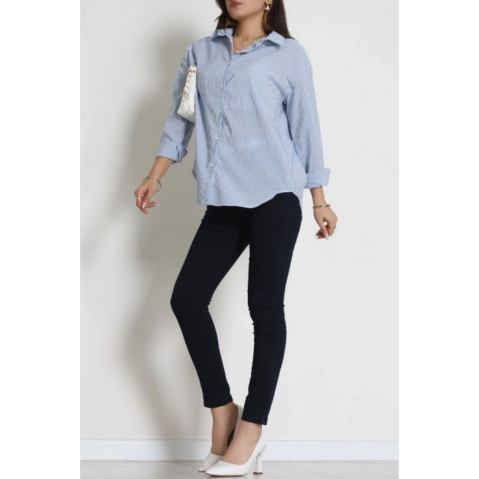 Pamuk Polyester Çizgili Oversize Gömlek Mavibeyaz1 - 51052.147.