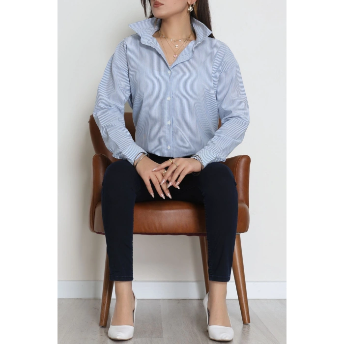 Pamuk Polyester Çizgili Oversize Gömlek Mavibeyaz1 - 51052.147.