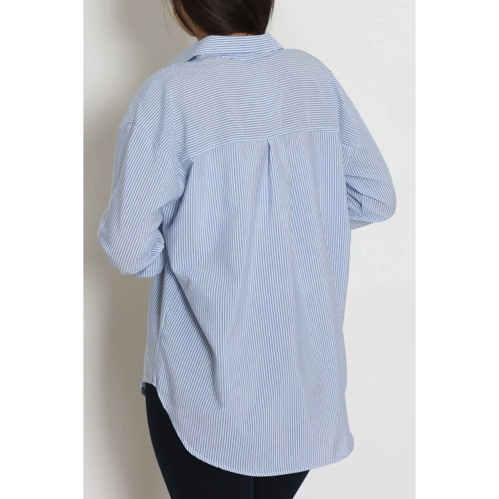 Pamuk Polyester Çizgili Oversize Gömlek Mavibeyaz1 - 51052.147.