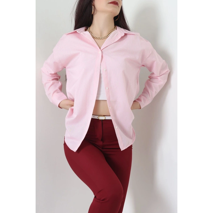 Pamuk Polyester Çizgili Oversize Gömlek Pembe - 51052.147.