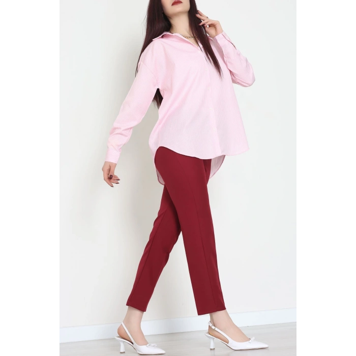 Pamuk Polyester Çizgili Oversize Gömlek Pembe - 51052.147.