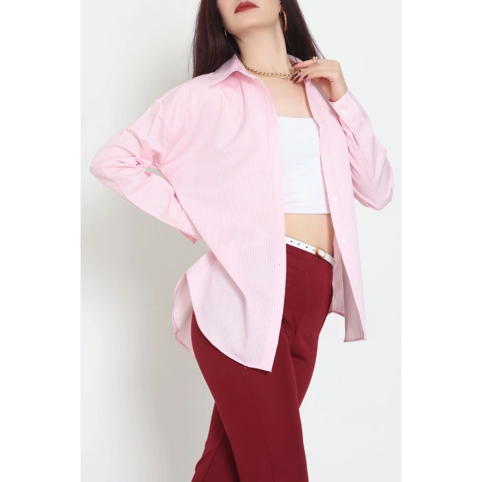 Pamuk Polyester Çizgili Oversize Gömlek Pembe - 51052.147.