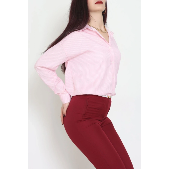 Pamuk Polyester Çizgili Oversize Gömlek Pembe - 51052.147.