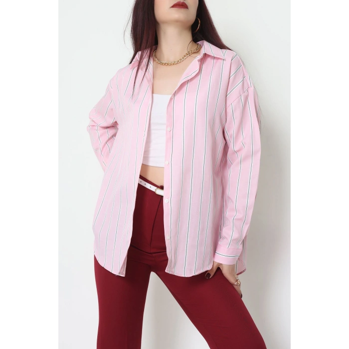 Pamuk Polyester Çizgili Oversize Gömlek Pembebeyaz - 51052.147.