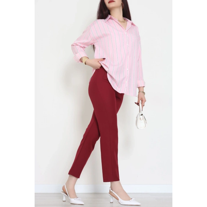 Pamuk Polyester Çizgili Oversize Gömlek Pembebeyaz - 51052.147.