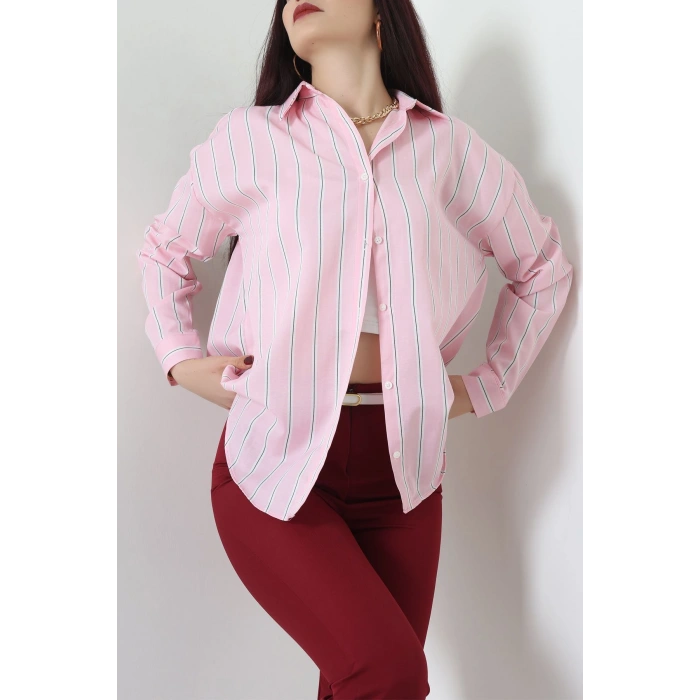 Pamuk Polyester Çizgili Oversize Gömlek Pembebeyaz - 51052.147.