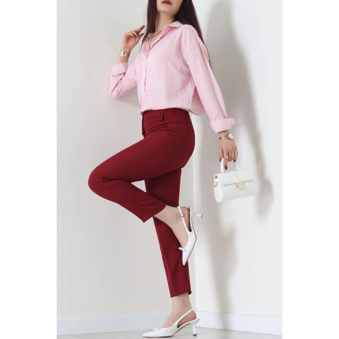 Pamuk Polyester Çizgili Oversize Gömlek Pembebeyaz - 51052.147.