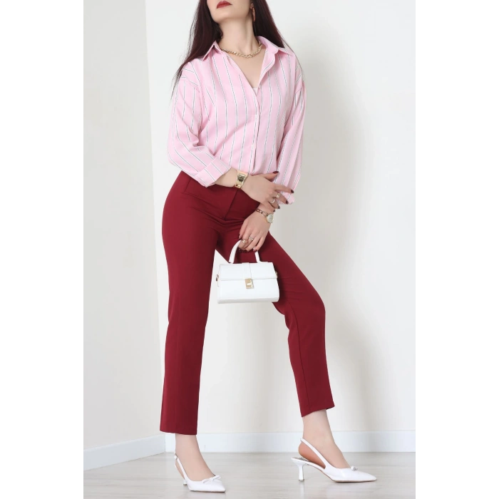 Pamuk Polyester Çizgili Oversize Gömlek Pembebeyaz - 51052.147.