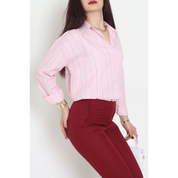 Pamuk Polyester Çizgili Oversize Gömlek Pembebeyaz - 51052.147.