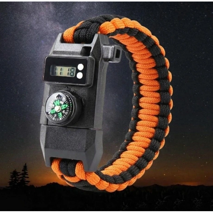 Paracord Dijital Saat Düdük Hayatta Kalma Turuncu Kamp Bilekliği