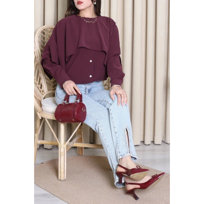 Pelerin Detaylı Gömlek Bordo - 71109.996.