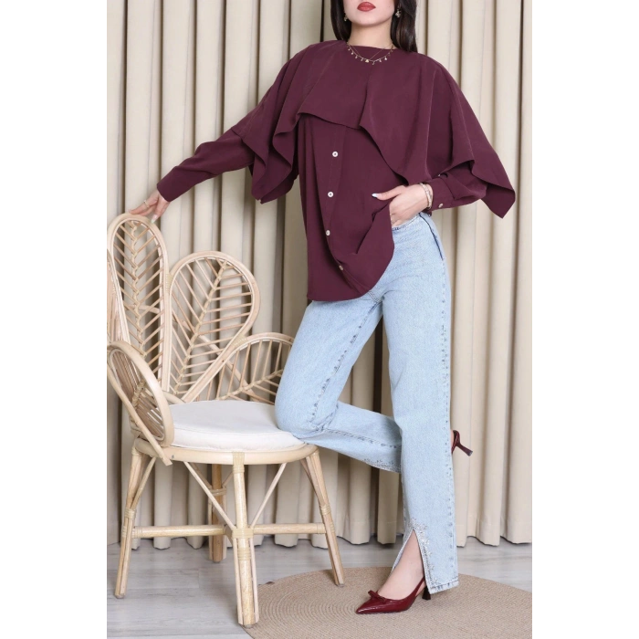 Pelerin Detaylı Gömlek Bordo - 71109.996.