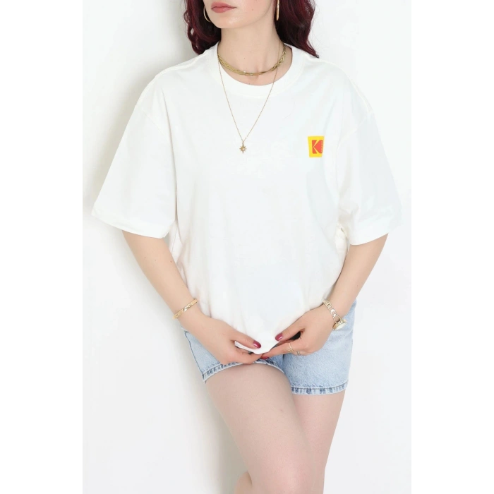 Penye Unisex Ön Arka Baskılı Tişört Ekru - 71419.1871.