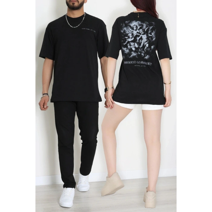 Penye Unisex Ön Arka Baskılı Tişört Siyah - 71418.1871.