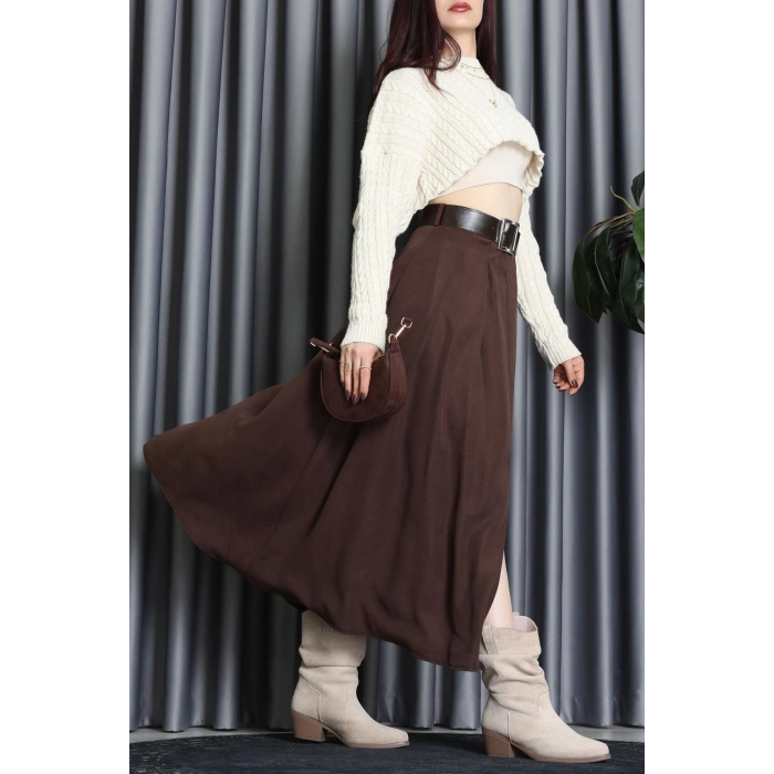 Pileli Kemerli Midi Etek Kahve - 70999.1934.
