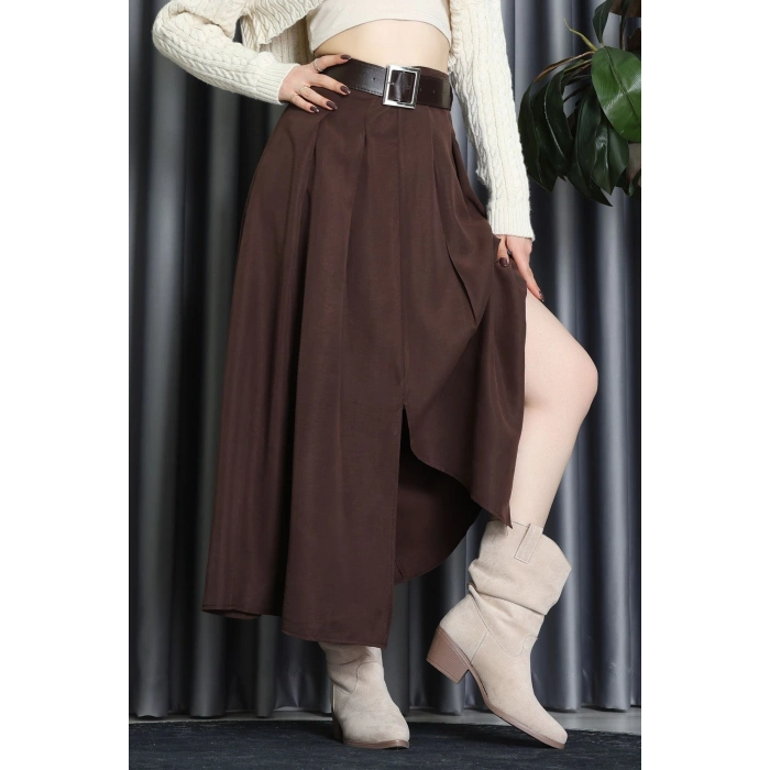 Pileli Kemerli Midi Etek Kahve - 70999.1934.