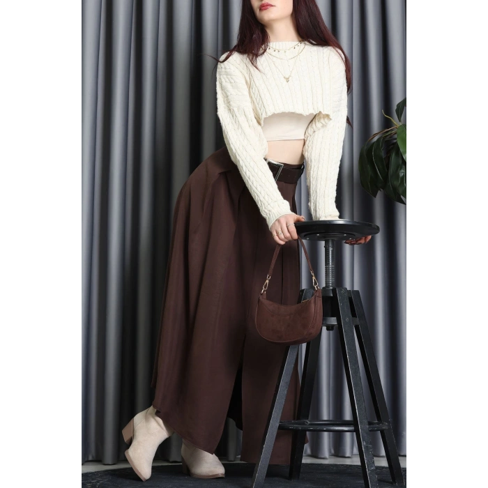 Pileli Kemerli Midi Etek Kahve - 70999.1934.