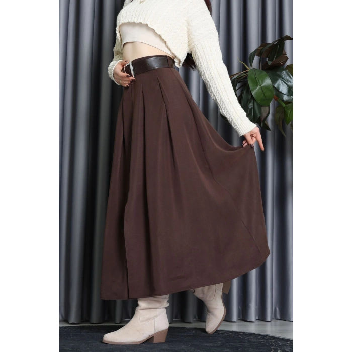 Pileli Kemerli Midi Etek Kahve - 70999.1934.