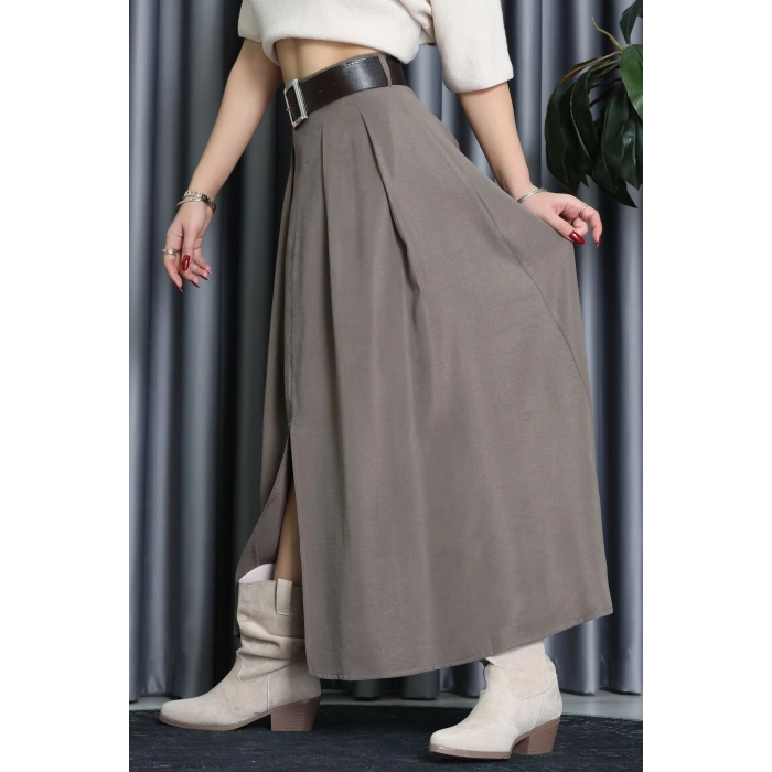 Pileli Kemerli Midi Etek Vizon - 70999.1934.