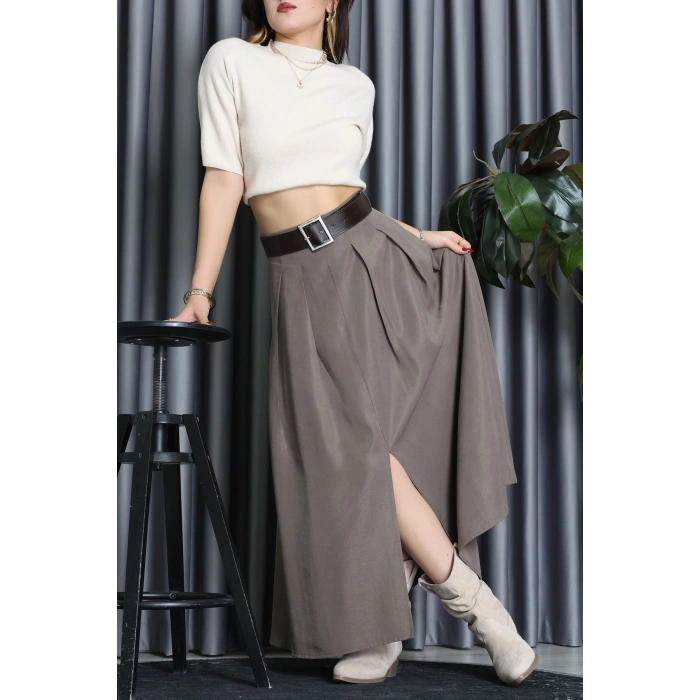 Pileli Kemerli Midi Etek Vizon - 70999.1934.