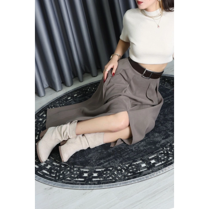 Pileli Kemerli Midi Etek Vizon - 70999.1934.