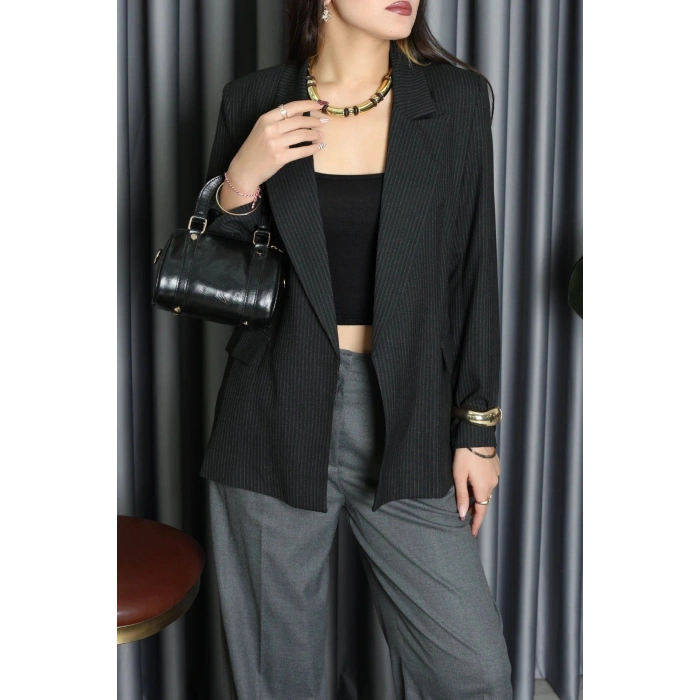 Poliviskon Çizgili Blazer Ceket Siyah - 7745.1437.