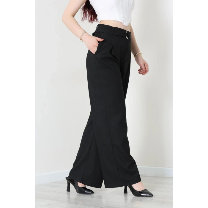 Poliviskon Kemerli Geniş Paça Pantolon Siyah - 7960.1437.