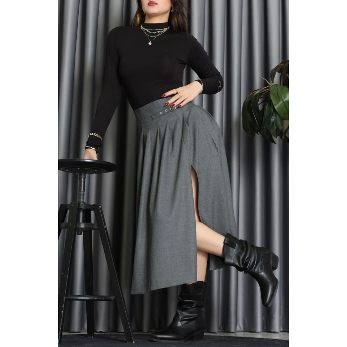 Poliviskon Pileli Kemer Detaylı Etek Antrasit - 70903.1434.