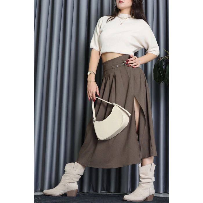 Poliviskon Pileli Kemer Detaylı Etek Kahve - 70903.1434.